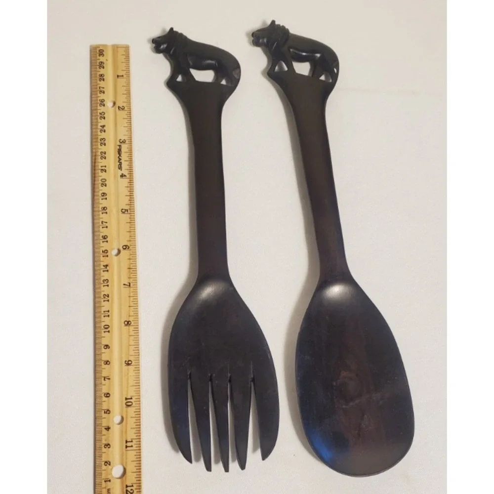 Hand Carved Wood Lion Handled‎ Salad Servers Fork/ Spoon